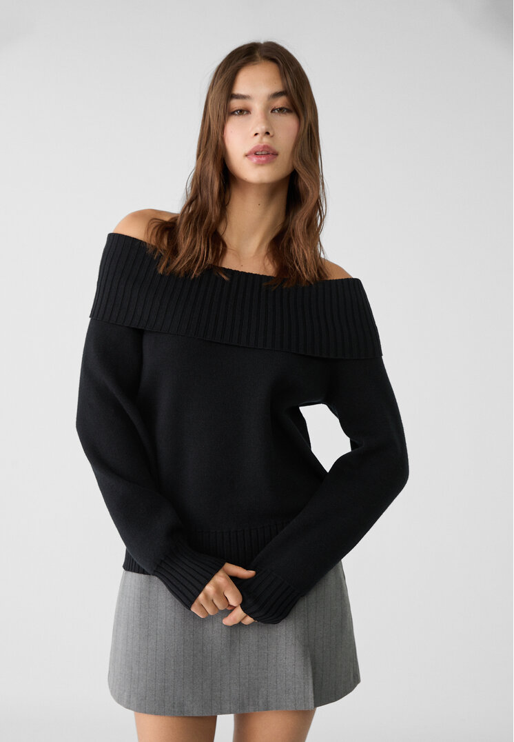 Stradivarius Pulover Din Tricot Cu Umeri Goi Negru L