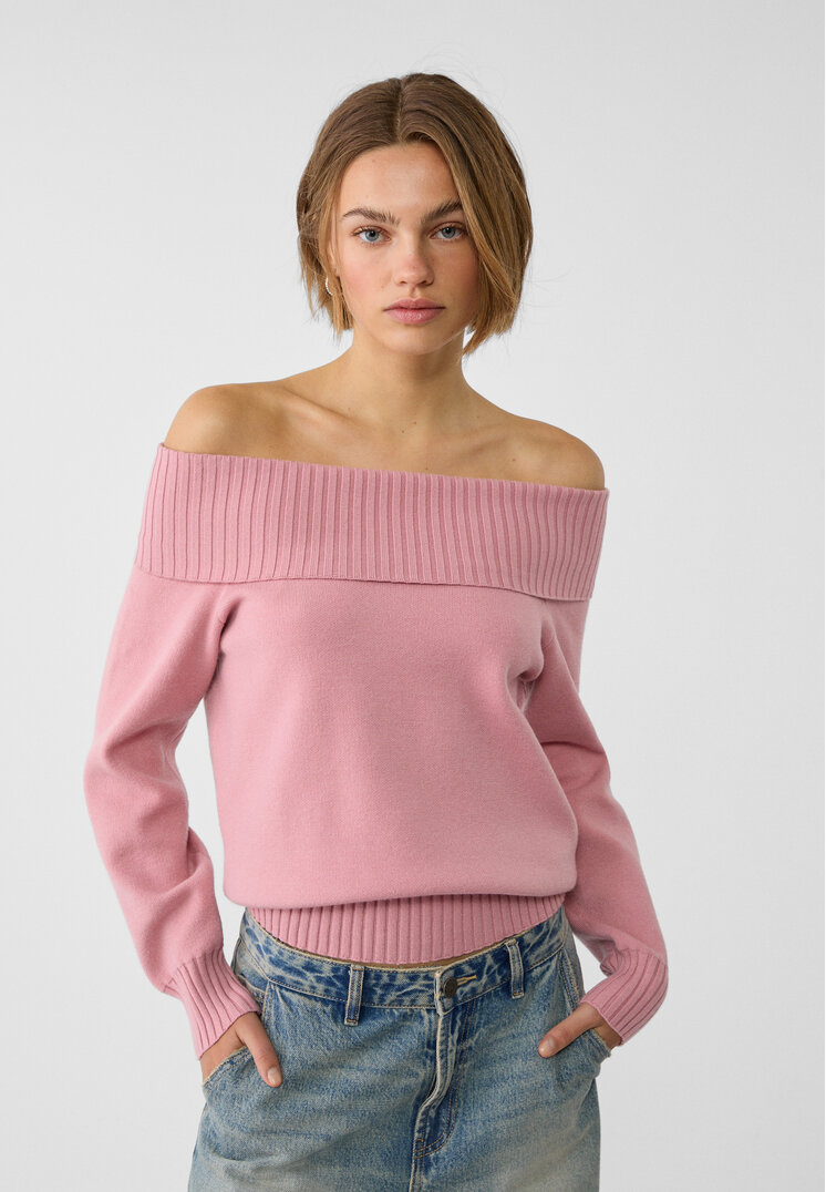 Stradivarius Pulover Din Tricot Cu Umeri Goi Roz Machiaj L