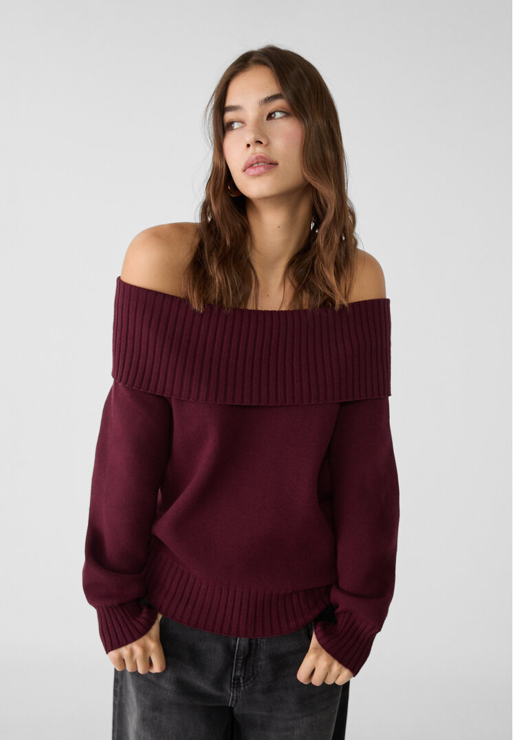 Stradivarius Pulover Din Tricot Cu Umeri Goi Mov M