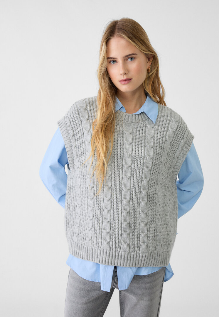Stradivarius Vestă Tricotată Cu Torsade Gris Amestec S