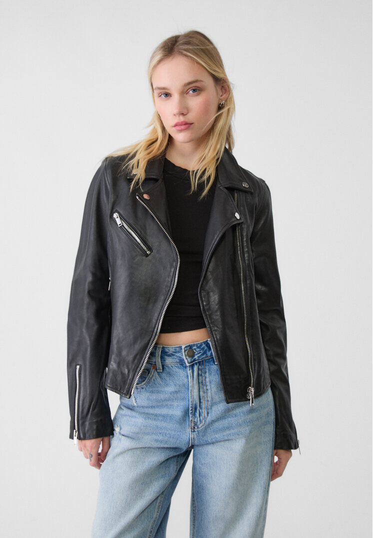 Stradivarius Geacă Biker Piele Negru M