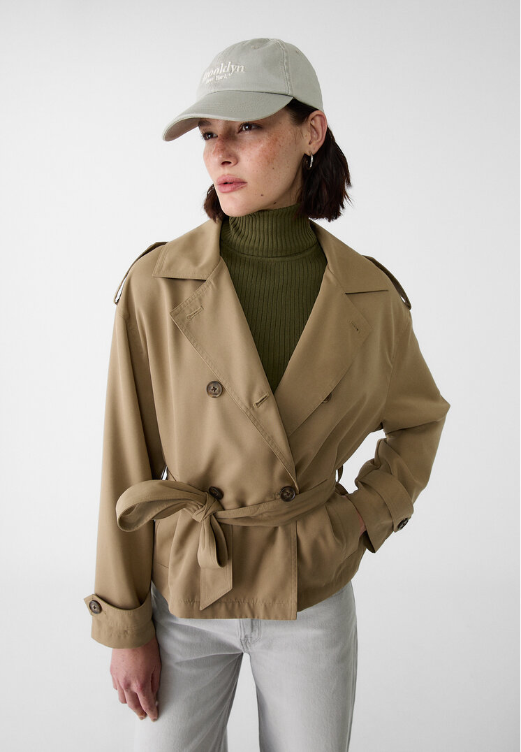 Stradivarius Trenci Scurt Cu Curea Kaki M