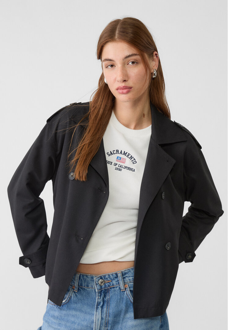 Stradivarius Trenci Scurt Cu Curea Negru M