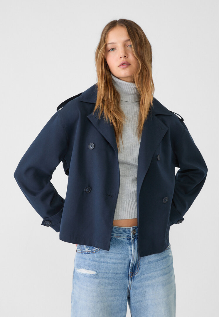 Stradivarius Trenci Scurt Cu Curea Bleumarin Xl