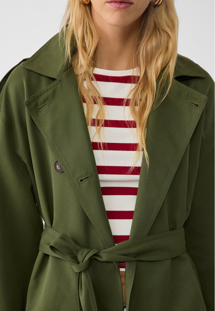 Stradivarius Short trench coat with belt  Green XS