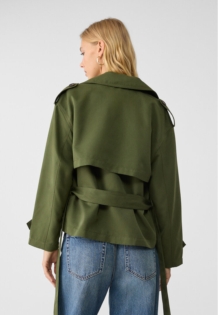 Stradivarius Short trench coat with belt  Green XS