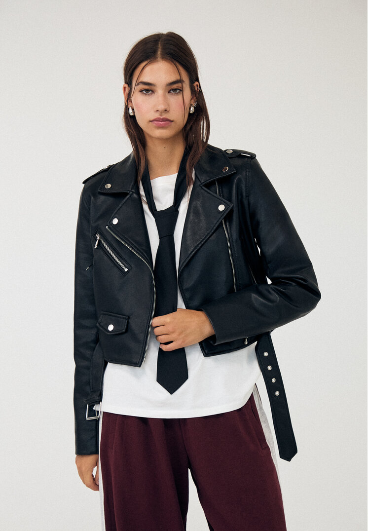 Stradivarius Geacă Biker Cu Curea Din Imitație De Piele Negru Xl