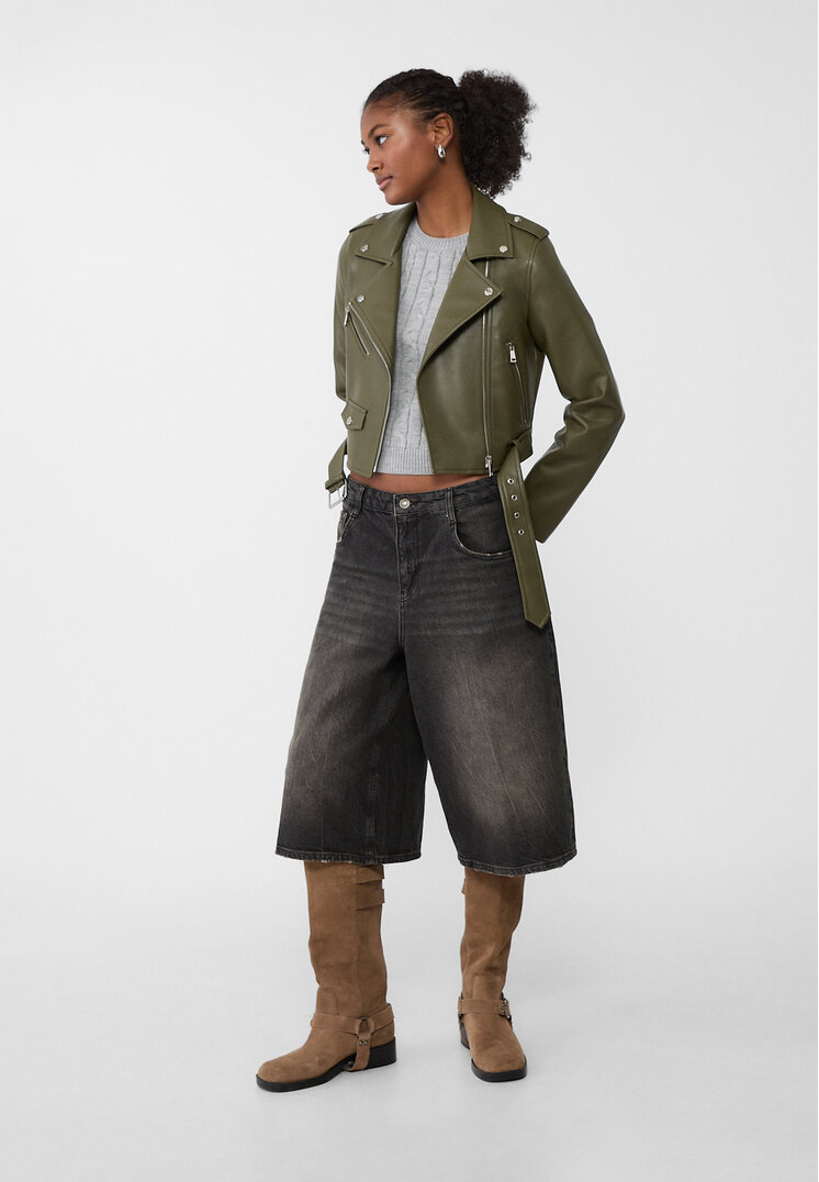 Stradivarius Faux leather biker jacket with belt Khaki L