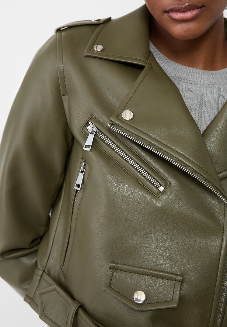 Stradivarius Faux leather biker jacket with belt Khaki L