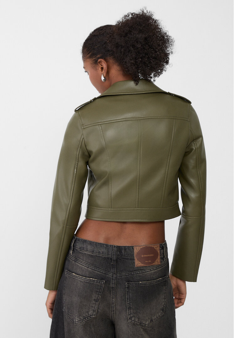 Stradivarius Faux leather biker jacket with belt Khaki L