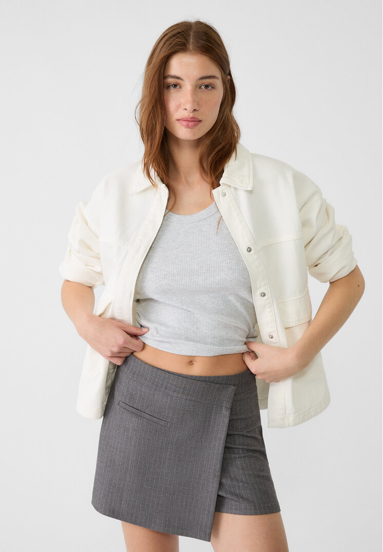 Stradivarius Overshirt Din Serj Cu Buzunare Ecru M