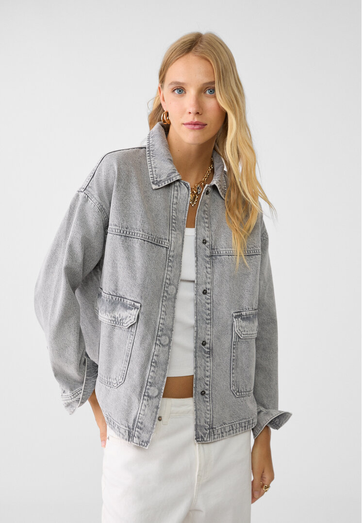 Stradivarius Overshirt Cargo Din Denim Cu Buzunare În Față Gri Perlat M