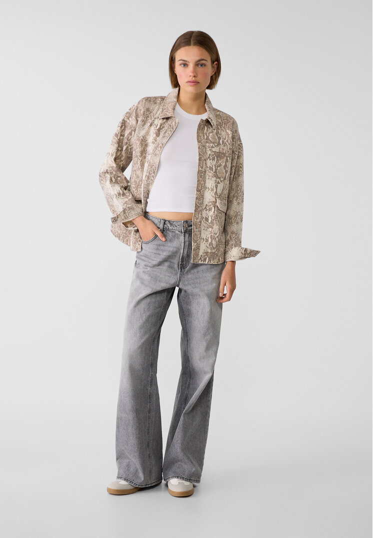 Stradivarius Animal print cargo overshirt with pocket detail  Beige S