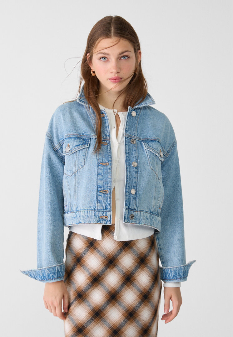 Stradivarius Geacă Denim Boxy Fit Denim Albastru L