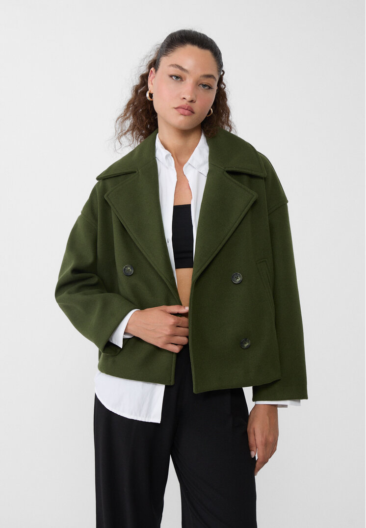 Stradivarius Palton Scurt Petrecut Verde Xs