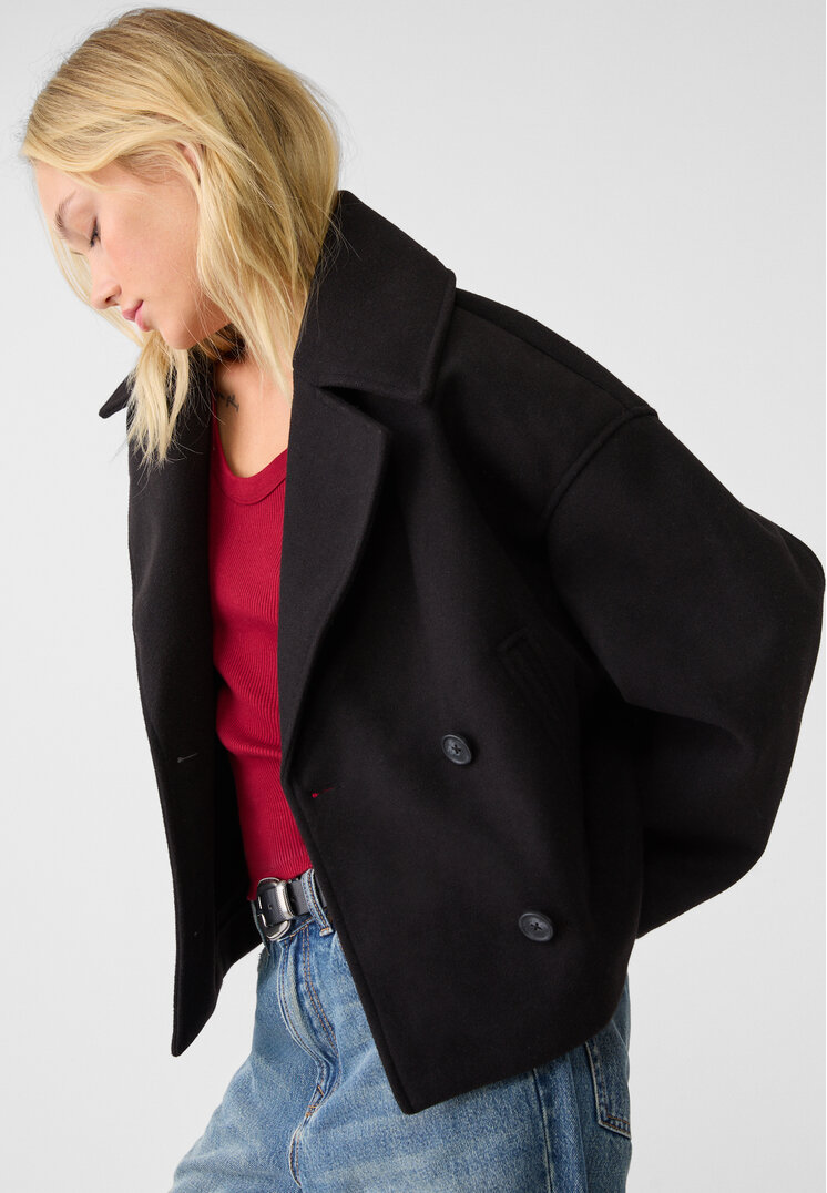 Stradivarius Palton Scurt Petrecut Negru M