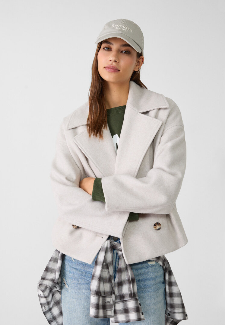 Stradivarius Palton Scurt Petrecut Ecru L