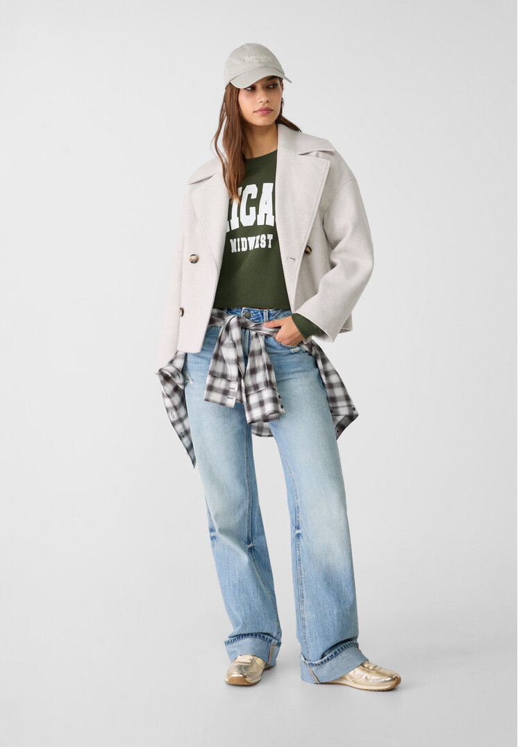 Stradivarius Short double-breasted coat  Ecru L