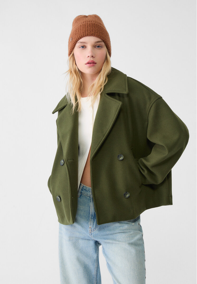 Stradivarius Palton Scurt Petrecut Verde Xs