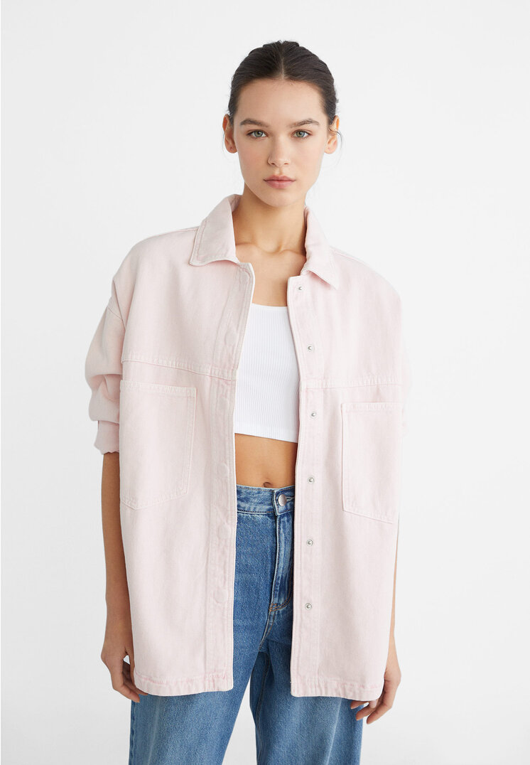 

Stradivarius Hemdjacke aus Twill mit Fronttaschen Hellbeige XL