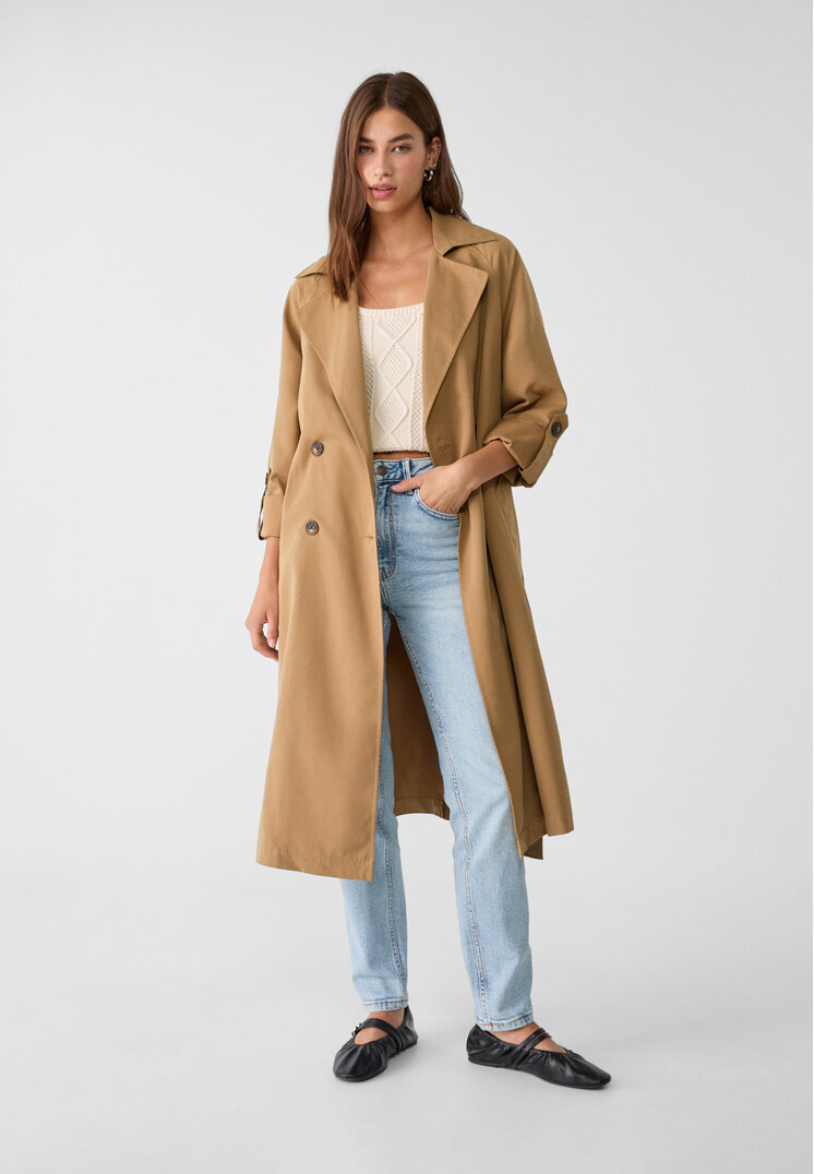 

Stradivarius Langer, fließender Trenchcoat Gelbbraun L