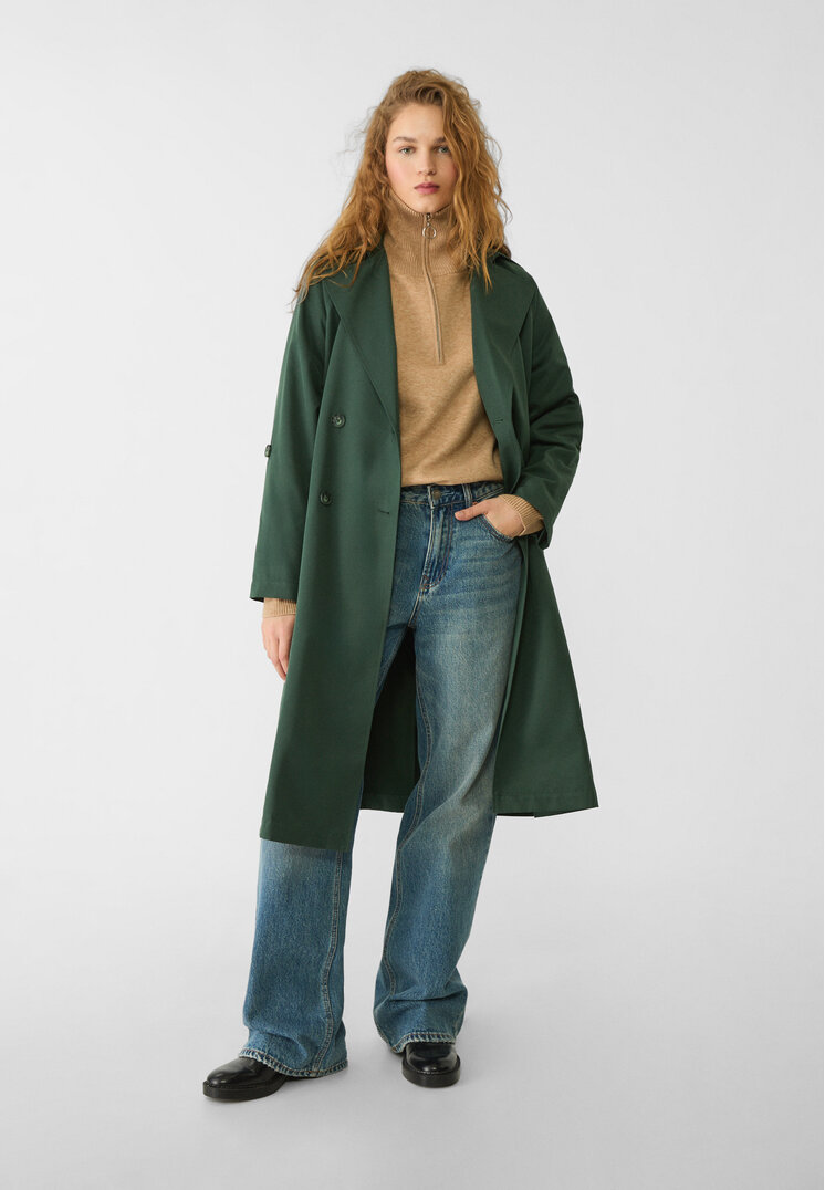 Stradivarius Trenci Lung Fluid Verde Închis S