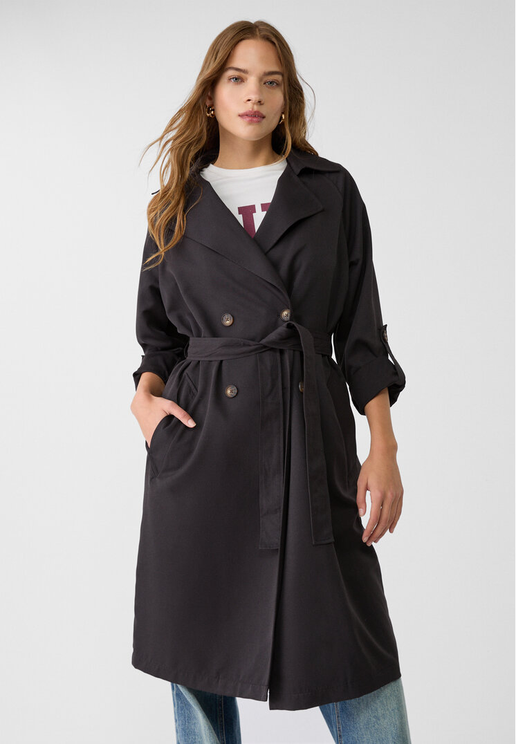 Stradivarius Trenci Lung Fluid Negru L