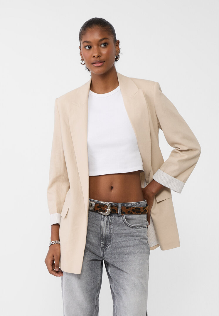 Stradivarius Blazer Deschis Fluid Cu In În Compoziție Bej L