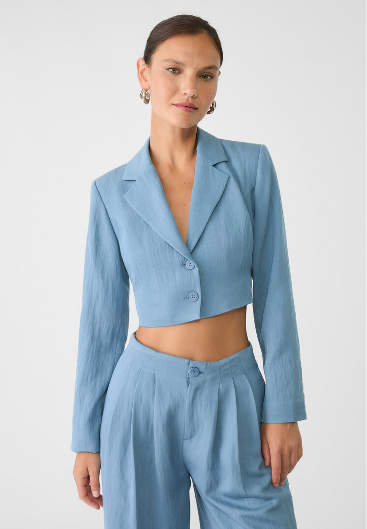Stradivarius Blazer Scurt Cu Fundă Azuriu L