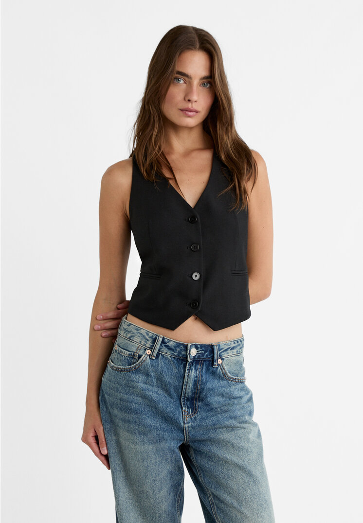 Stradivarius Vestă Scurtă Cu Nasturi Negru L