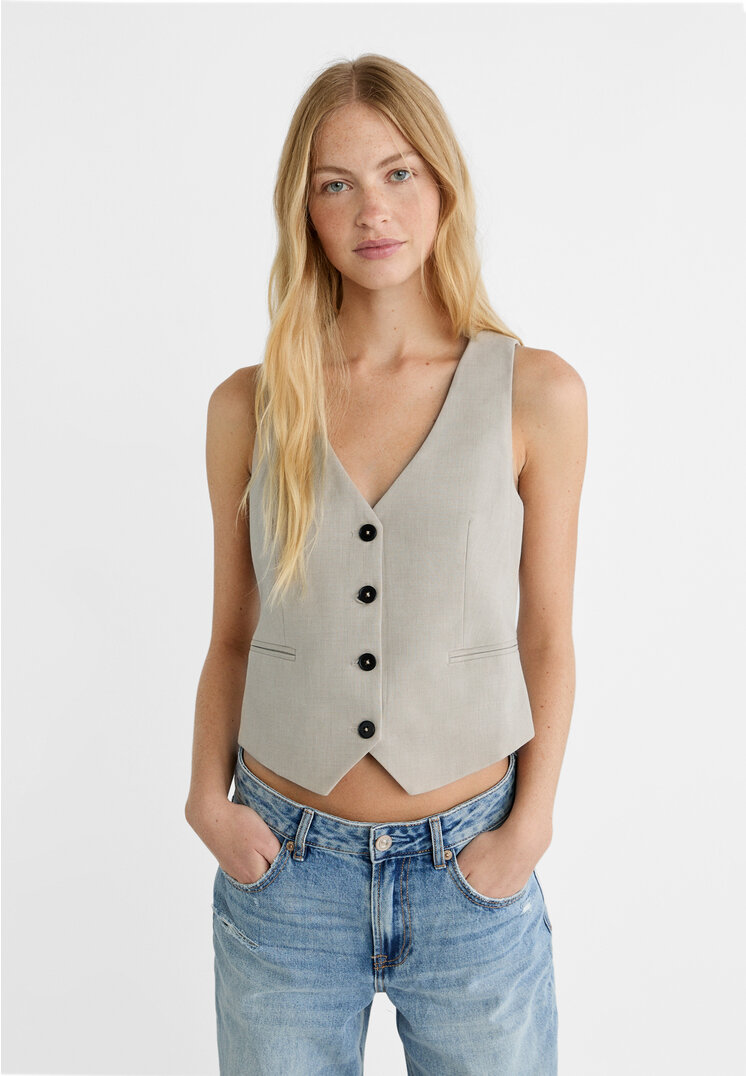 Stradivarius Vestă Scurtă Cu Nasturi Gris Amestec L