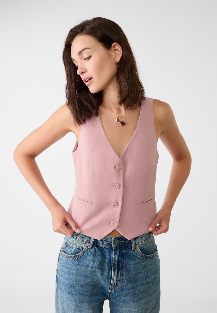 Stradivarius Vestă Scurtă Cu Nasturi Roz Pastel L