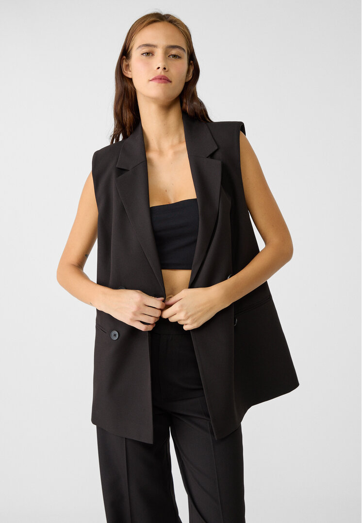 Stradivarius Vestă Medie Cu Nasturi Negru M