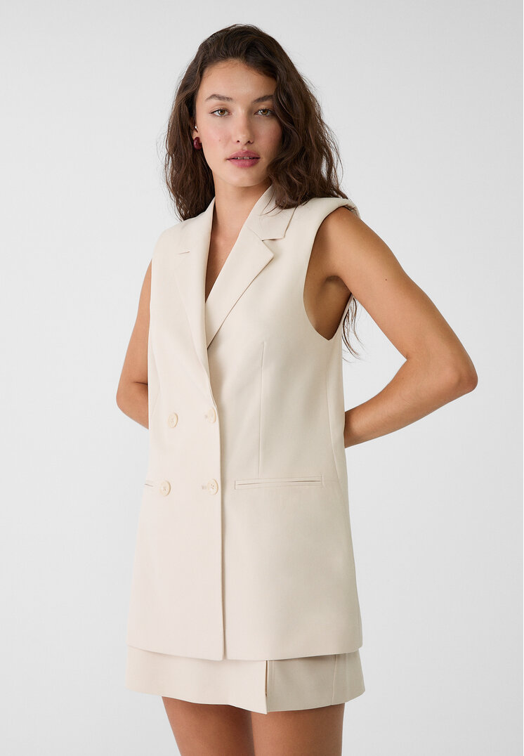 Stradivarius Vestă Medie Cu Nasturi Ecru Xl