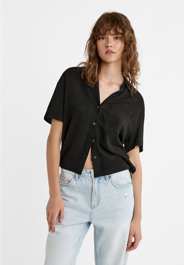 Stradivarius Cămașă Cu In Și Mânecă Scurtă Negru M