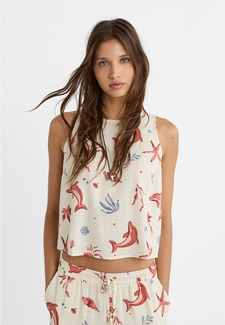 

Stradivarius Fließendes Racerback-Top mit Print und Leinen Vanille XL