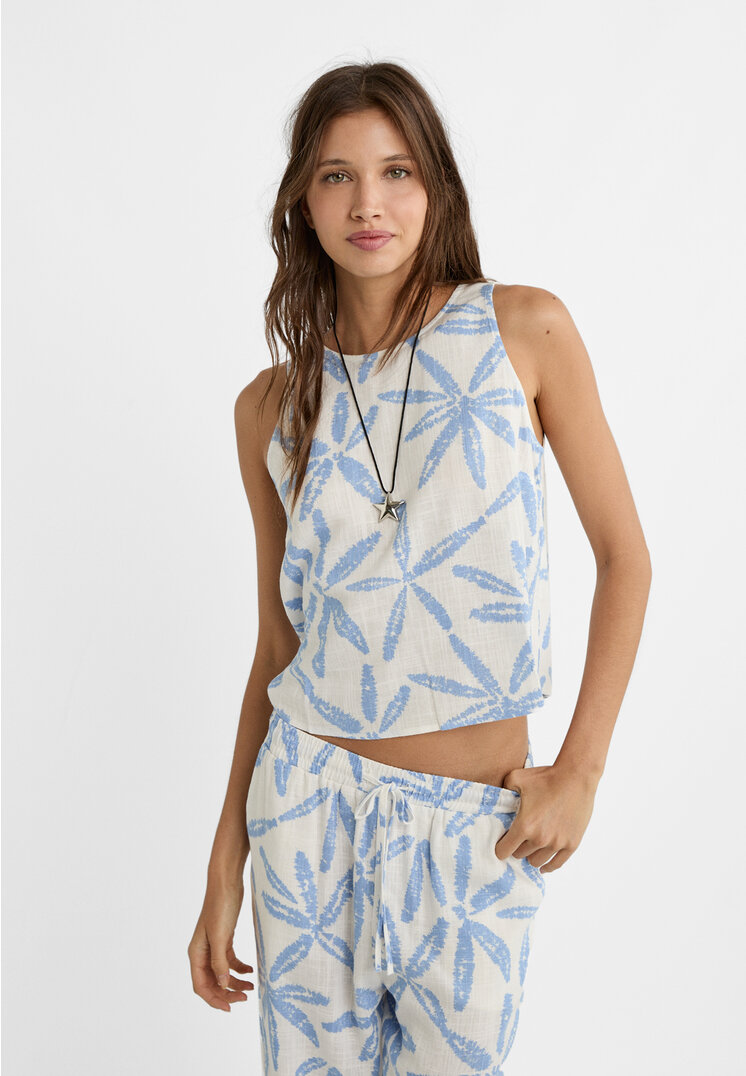 

Stradivarius Fließendes Racerback-Top mit Print und Leinen Himmelblau XL