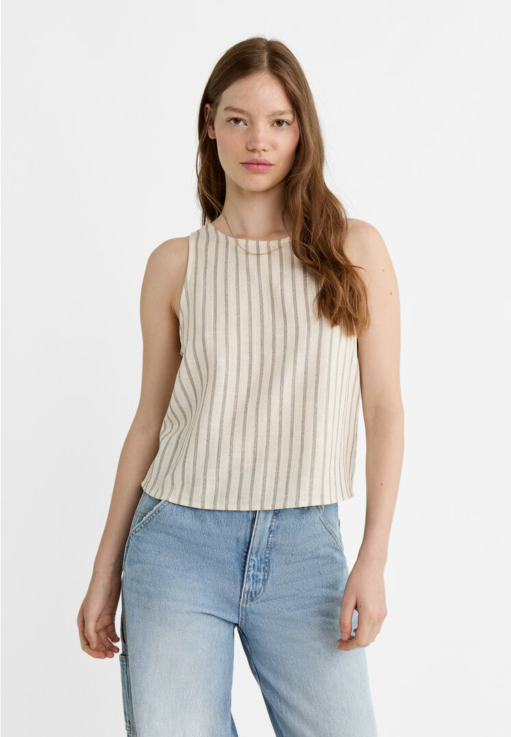 

Stradivarius Top Racerback Leinenprint fließend gestreift Steingrau M