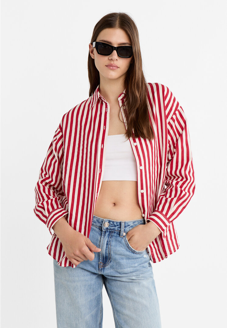 Stradivarius Hemd mit Leinenanteil Dunkelrot XL