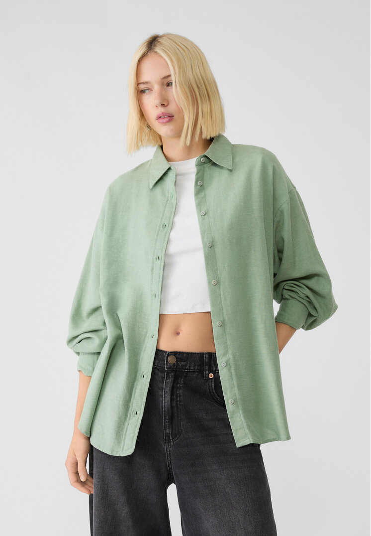 tradivarius Camicia in misto lino  Kaki S