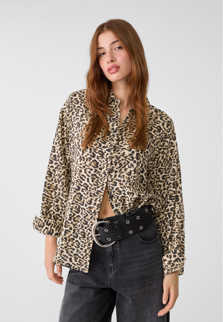 Stradivarius Cămașă Cu Imprimeu Leopard, Cu In În Compoziție Bej M