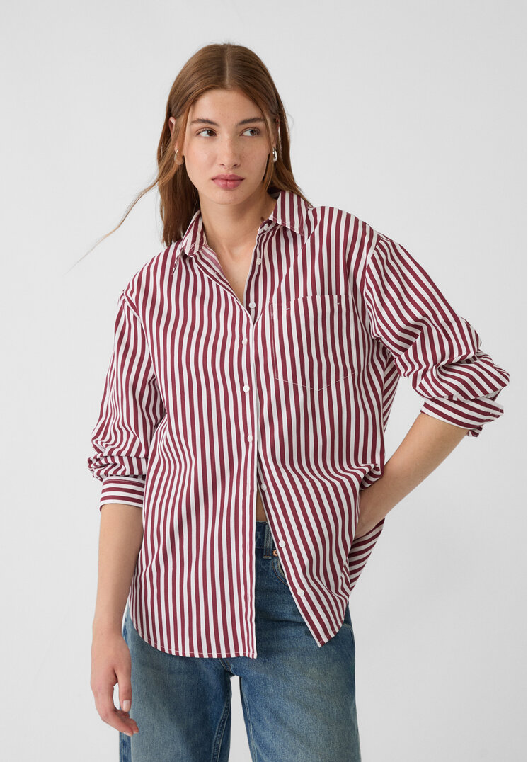 Stradivarius Cămașă Oversize Cu Buzunar Și Dungi Din Poplin Grena S