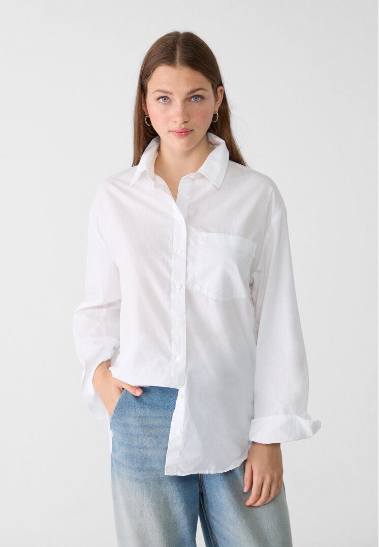 Stradivarius Cămașă Oversize Din Poplin Alb L