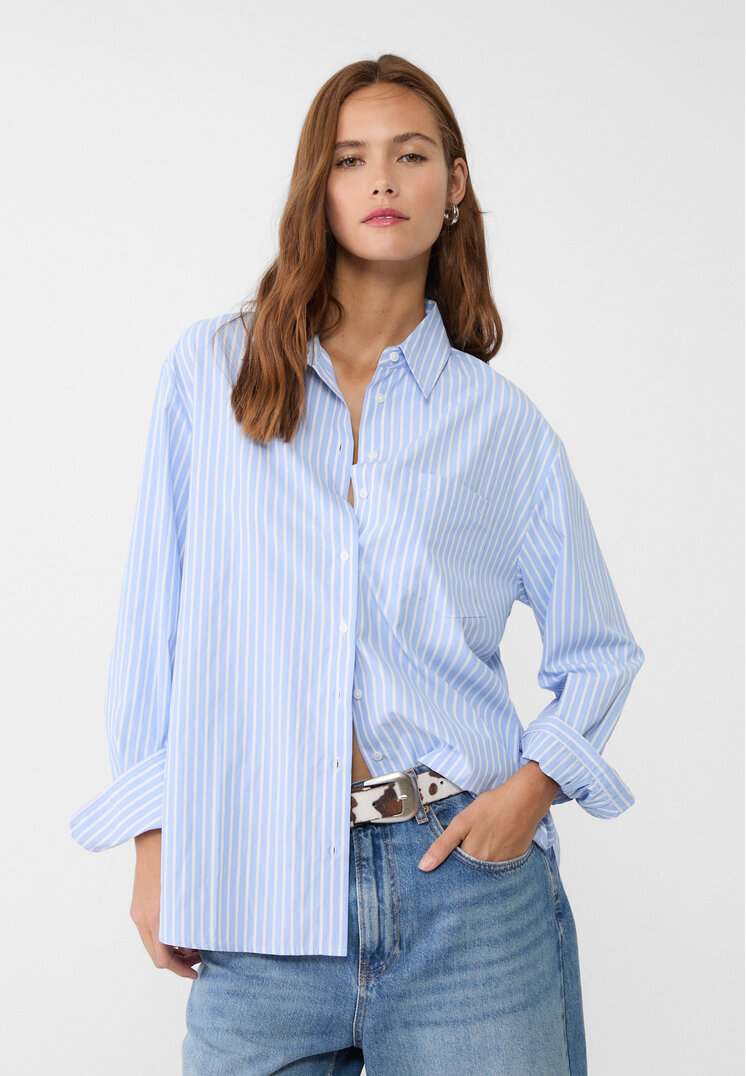 Stradivarius Cămașă Oversize Cu Buzunar Și Dungi Din Poplin Azuriu L