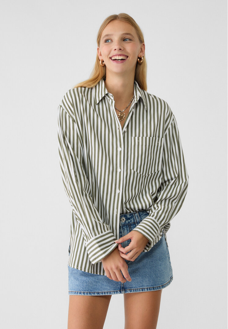 Stradivarius Cămașă Oversize Cu Buzunar Și Dungi Din Poplin Kaki M