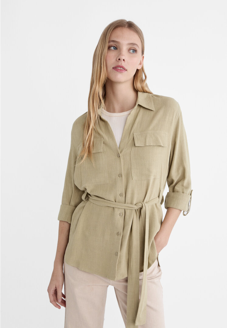 Stradivarius Overshirt Fluid Cu Curea Kaki Xl