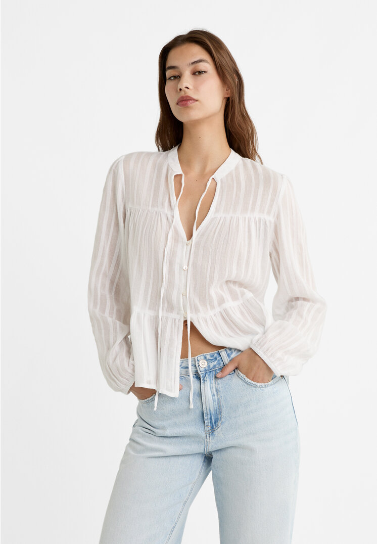 Stradivarius Bluză Fluidă Boho Alb Xs