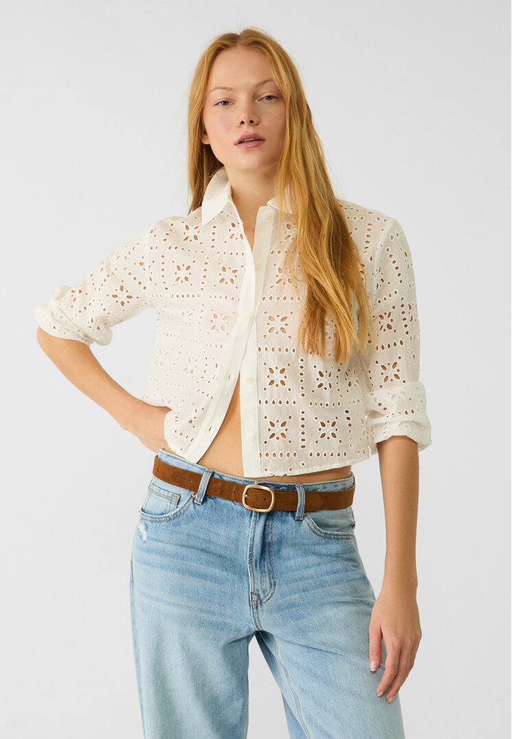 Stradivarius Cămașă Scurtă Cu Broderii Perforate Alb M