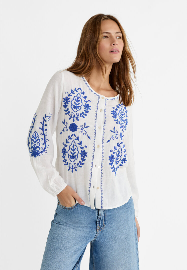 Stradivarius Bluză Cu Broderie Albastru M