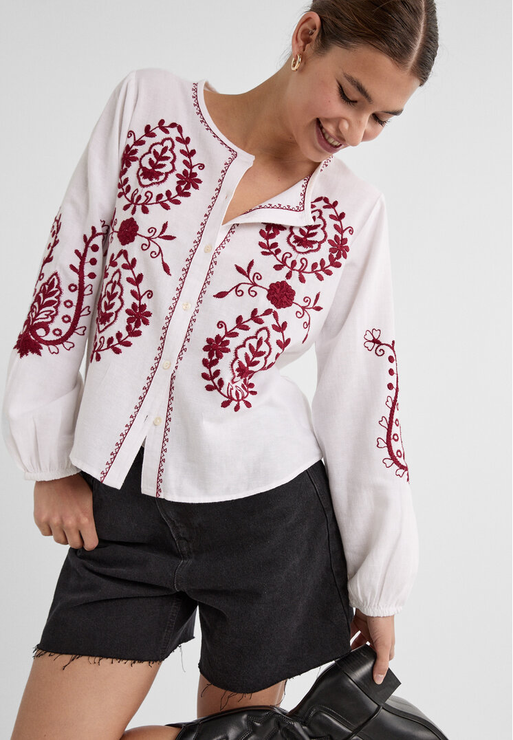 Stradivarius Bluză Cu Broderie Grena S